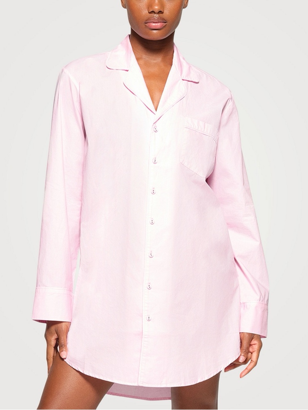 SKIMS Cotton Poplin Sleep Button-Up Shirt M Barbie Pink Long Sleeve NWOT